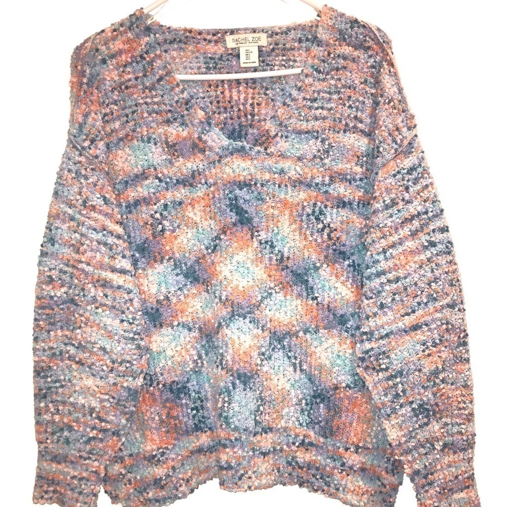 Rachel Zoe Colorful Soft Nubby Knit V Neck Lightweight Pull Over Sweater Large